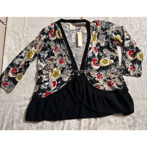 Christina Floral Cardigan Sweater w Rhinestone Clasp & Ruffle Hem Sz PM